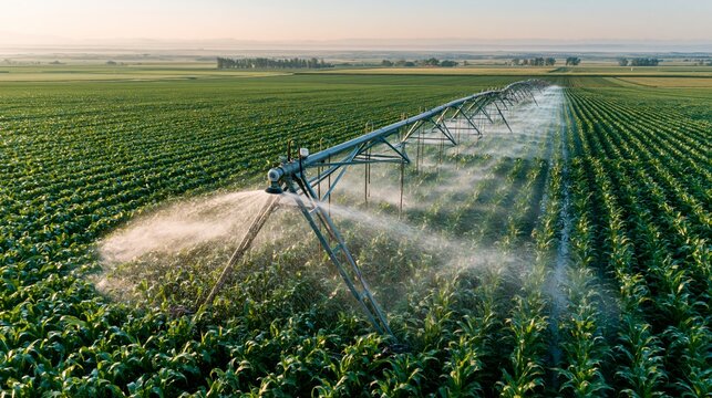 Center pivot irrigation system spraying water across a corn field. Concept of agricultural irrigation.