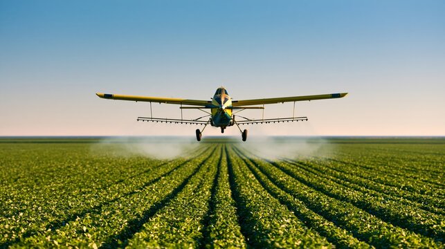 Crop duster plane sweeping low over a field trailing pesticide mist from both wings. Concept of agricultural aerial spraying.