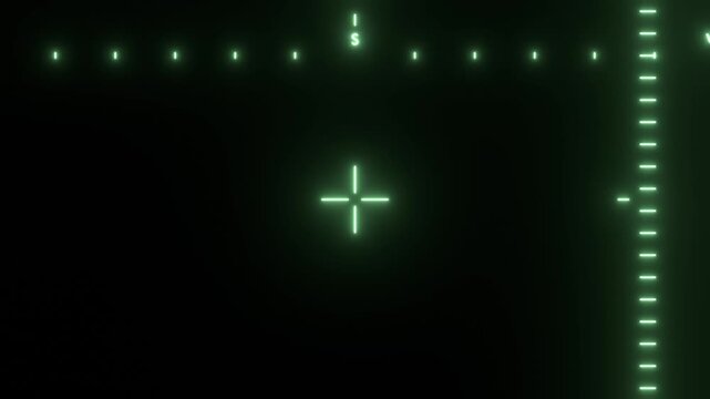 Glowing green night vision military HUD display with targeting crosshair and tactical measurement scales on dark background