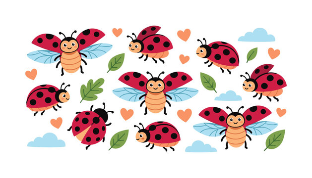 Cute cartoon ladybug element set with smiling ladybird characters flying beetles hearts leaves and clouds vector illustration