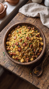 Brazilian farofa with bacon in a wooden bowl. Traditional cassava flour side dish recipe.