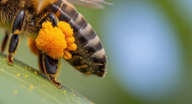 Bee carrying vibrant yellow pollen on its leg and body