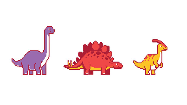 Three cute cartoon dinosaurs in a row, isolated on a white background.