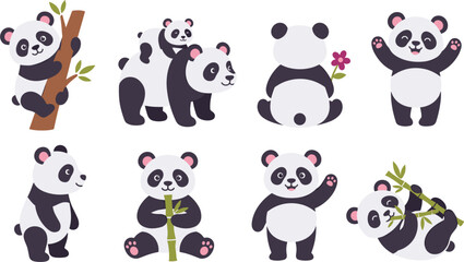 Cute cartoon panda bear character set bundle climbing tree holding flower waving hand eating bamboo rolling on back vector © Moner