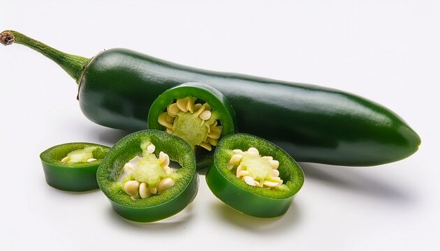 Fresh Green Jalapeno Pepper Preparation Whole And Sliced Chili Pepper With Seeds Chopped Spicy Serrano Pepper Pieces On White Background