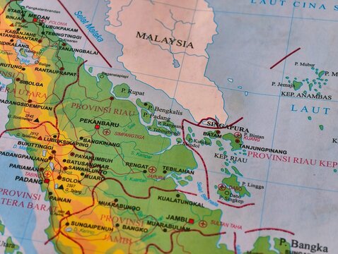 Map of the Singapore-Indonesia border. Batam Island in Sumatra Province.