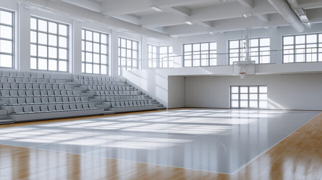 Bright indoor basketball court with wooden floor, empty bleachers, large windows, and natural sunlight streaming in, modern sports facility