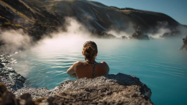 A woman enjoying the serene beauty of a mountainous hot spring.