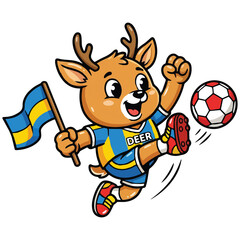 Obraz premium Cute Deer Soccer Mascot Character Kicking Football Ball with Flag Vector Illustration