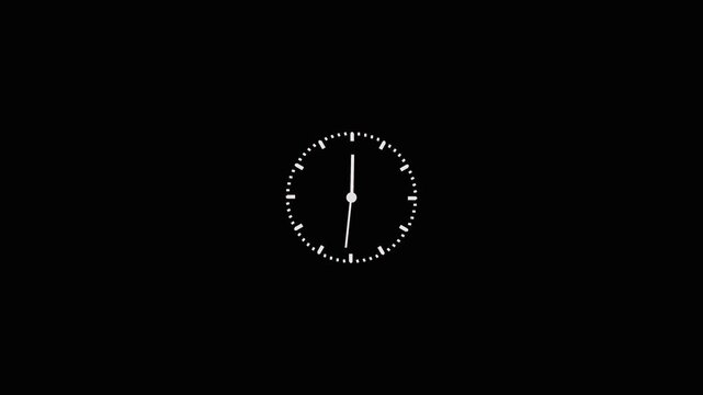 Simple white clock face icon with thin hands showing time isolated on a black background