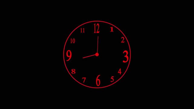 Red digital clock face with numbers showing time on a dark background