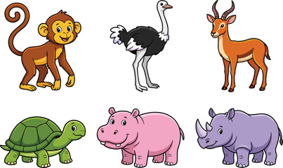 Cute cartoon safari wildlife animals vector set with happy monkey ostrich gazelle turtle hippo and rhino isolated on white background © Moner