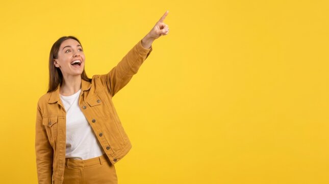 Young woman pointing forward with joyful expression. Female professional gesturing confidently in bright yellow studio background.