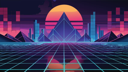 Pixel art retro cyberpunk city with large pyramid building and sunset cyberpunk synthwave retrowave pixelart futuristic landscape vaporwave eighties architecture building dystopian © puza