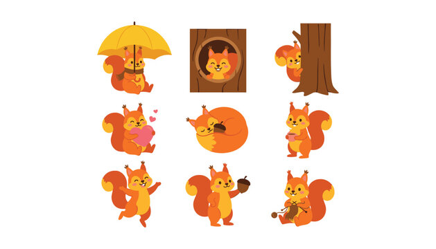 Cute cartoon squirrel character set holding umbrella sleeping with acorn knitting and peering from tree hollow flat vector illustration