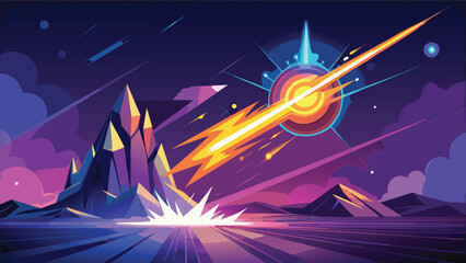 Meteorite impact event on alien landscape illustration with science fiction space art impact zone outer space digital art celestial event asteroid landscape explosion mountains collision © shachin