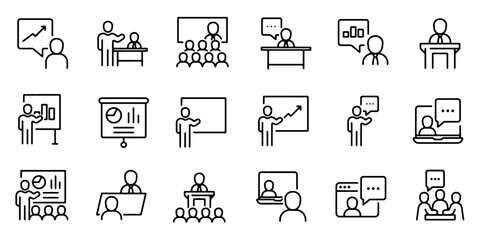 Fototapeta premium Business Presentation and Meeting Line Icons Set. Outline Editable Stroke Vector Illustration.