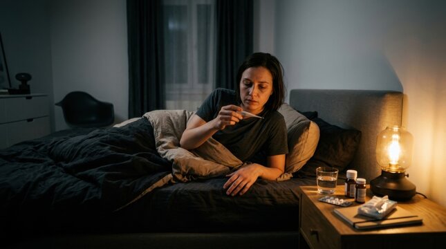 Sick Woman Checks Temperature In Bed At Night With Medicine Nearby