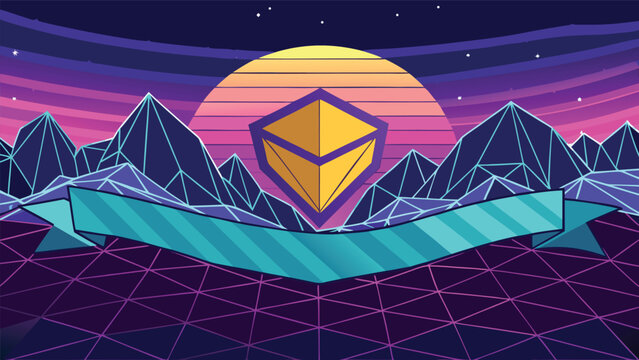 Abstract crypto cube floating in retro eighties synthwave mountain landscape with mountain landscape synthwave retrowave geometric vaporwave eighties futuristic abstract background cyberpunk