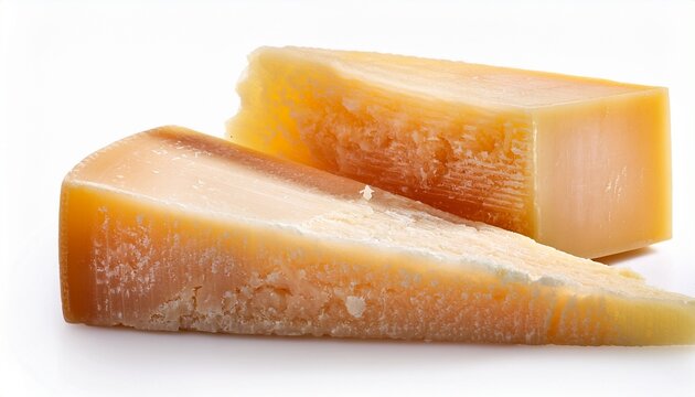 Wedge Of Aged Parmesan Cheese With Visible Tyrosine Crystals Broken Not Cut Gritty Texture Isolated On A Plain White Background