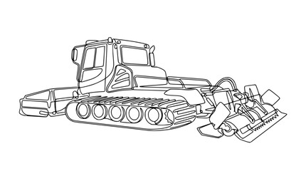 Fototapeta premium Line Art Snow Groomer Vehicle with Tracked Chassis and Snow Plow Attachment