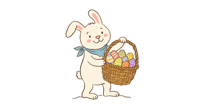 Cute bunny holding a basket of colorful easter eggs