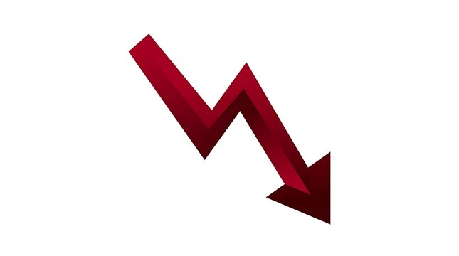 Red 3D downward arrow indicating economic decline and financial market crash isolated on white background