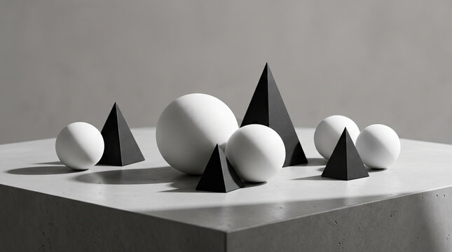 Arrangement of white spheres and black pyramids on a gray surface.