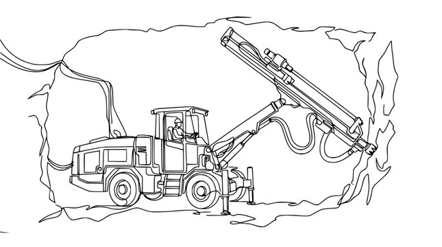 Mining drill rig excavating tunnel in underground rock formation, construction vehicle illustration