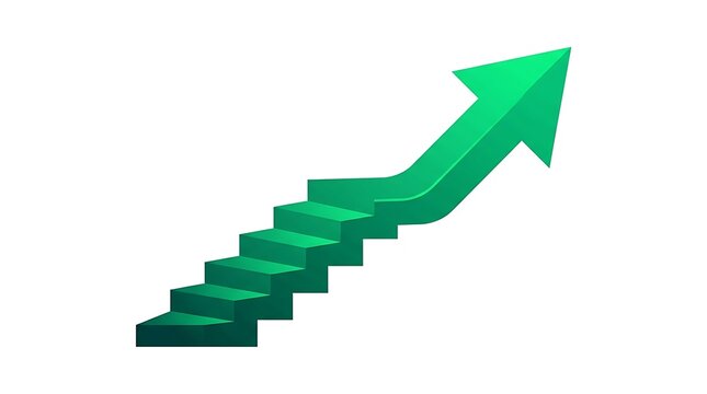 Green 3D stairs transforming into an upward growth arrow symbol representing financial success business progress and career achievement