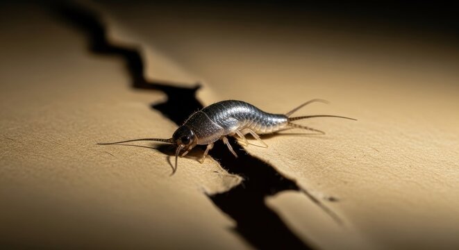 Silverfish Insect Exploring a Crack in Wood Surface