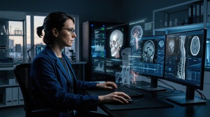 Fototapeta premium Scientist Analyzing Brain Scans On Advanced Holographic Interface