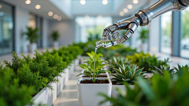 Robotic arm monitoring healthy plants in smart greenhouse with precision agriculture technology