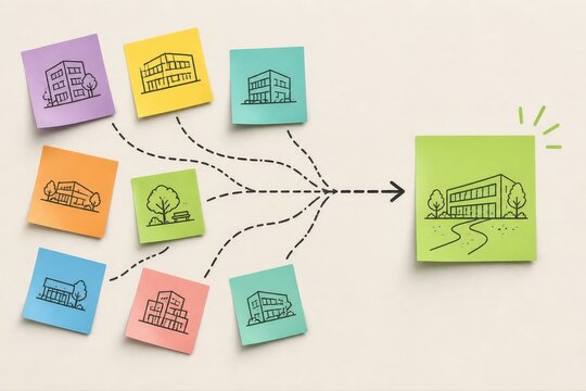 Architecture brainstorming with sticky notes and building design concepts