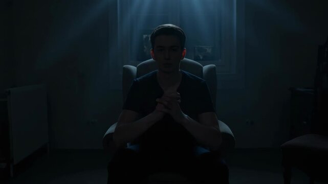 Dark room, lone figure sits slumped in chair. Hands cover head, shoulders hunched low. Beams of light pierce gloom from high window. Silent, solitary, heavy atmosphere prevails