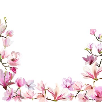 Pink magnolia flowers corner border frame illustration isolated on white background