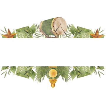 Islamic Hari Raya Eid border with traditional Bedug drum, Ketupat, and tropical palm leaves isolated on white background