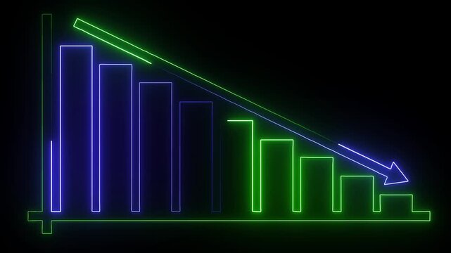 Glowing neon bar chart showing a downward trend with a decreasing arrow on a dark background representing financial loss business decline investment risk market crash and economic failure concept