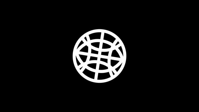 Simple white globe icon with network lines representing global communication and world connection on a solid black background