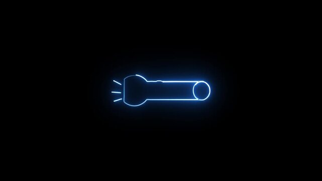 Glowing blue neon flashlight icon on a dark black background showing a bright light beam projection symbol for search discovery and exploration themes in a modern digital graphic style design element