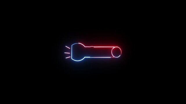 Glowing neon flashlight icon with red and blue light outline on a dark background for modern technology and lighting design concepts