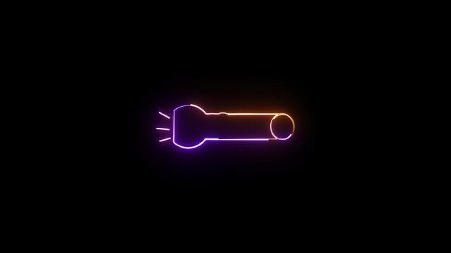 Neon glowing flashlight icon with vibrant orange and purple light lines on a dark background showing a simple tool for illumination and camping gear exploration