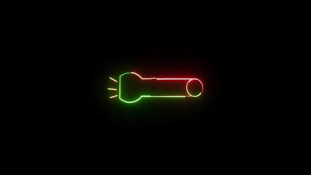 Neon glowing flashlight icon with red and green light outline on a black background for creative design