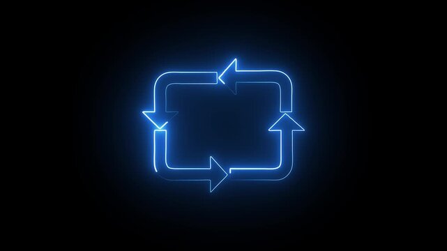 Glowing blue square recycle symbol made of neon arrows showing a continuous loop process on a dark background