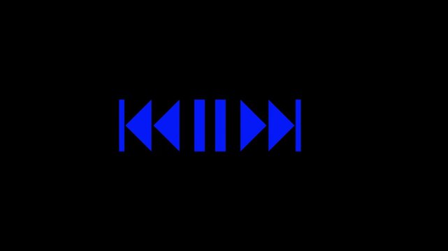 Bright blue media control buttons including play pause fast forward and rewind icons for digital music player or video interface design set on a dark black background