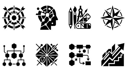 Icons Representing Creativity, Strategy, and Direction with Various Symbols and Diagrams Featuring Design © MstMomotaz