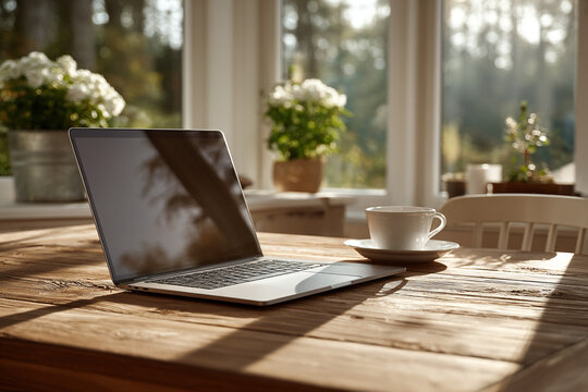 Open laptop computer on rustic wooden dining table with white ceramic coffee cup in warm morning natural daylight, blurry bright background window with white flowers houseplant home office concept.