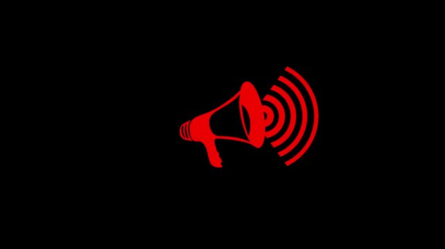 Bright red megaphone icon representing communication and announcements on a solid black background for marketing and business promotion concepts