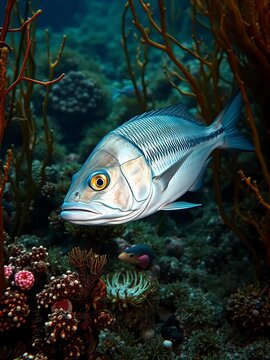 Thicklip grey mullet swimming near seafloor amidst Mediterranean seaweed, underwater scene, nature