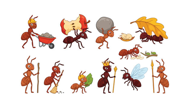 Cute cartoon worker ant character set carrying apple rock leaf wheelbarrow sweeping and flying queen king insect collection vector.